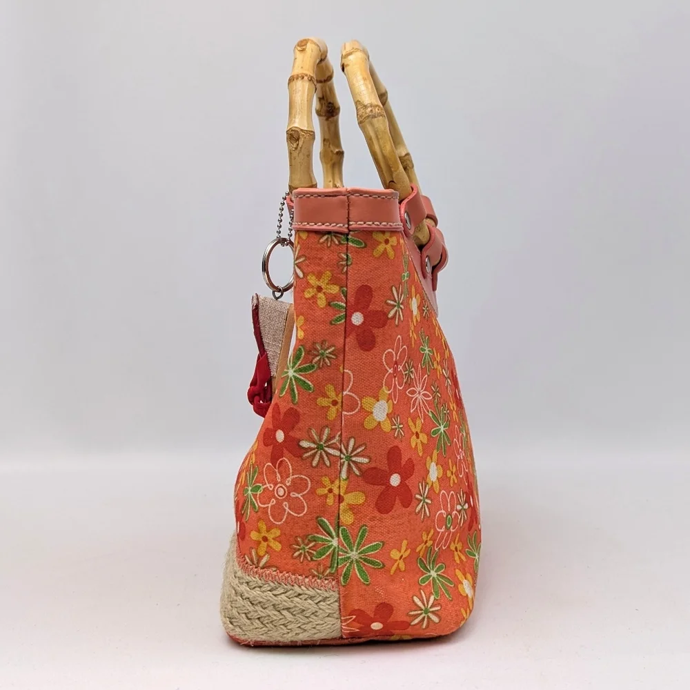 CL America Floral Canvas Tote Bag Faux Bamboo Handles Jute Beachy Coastal Coral